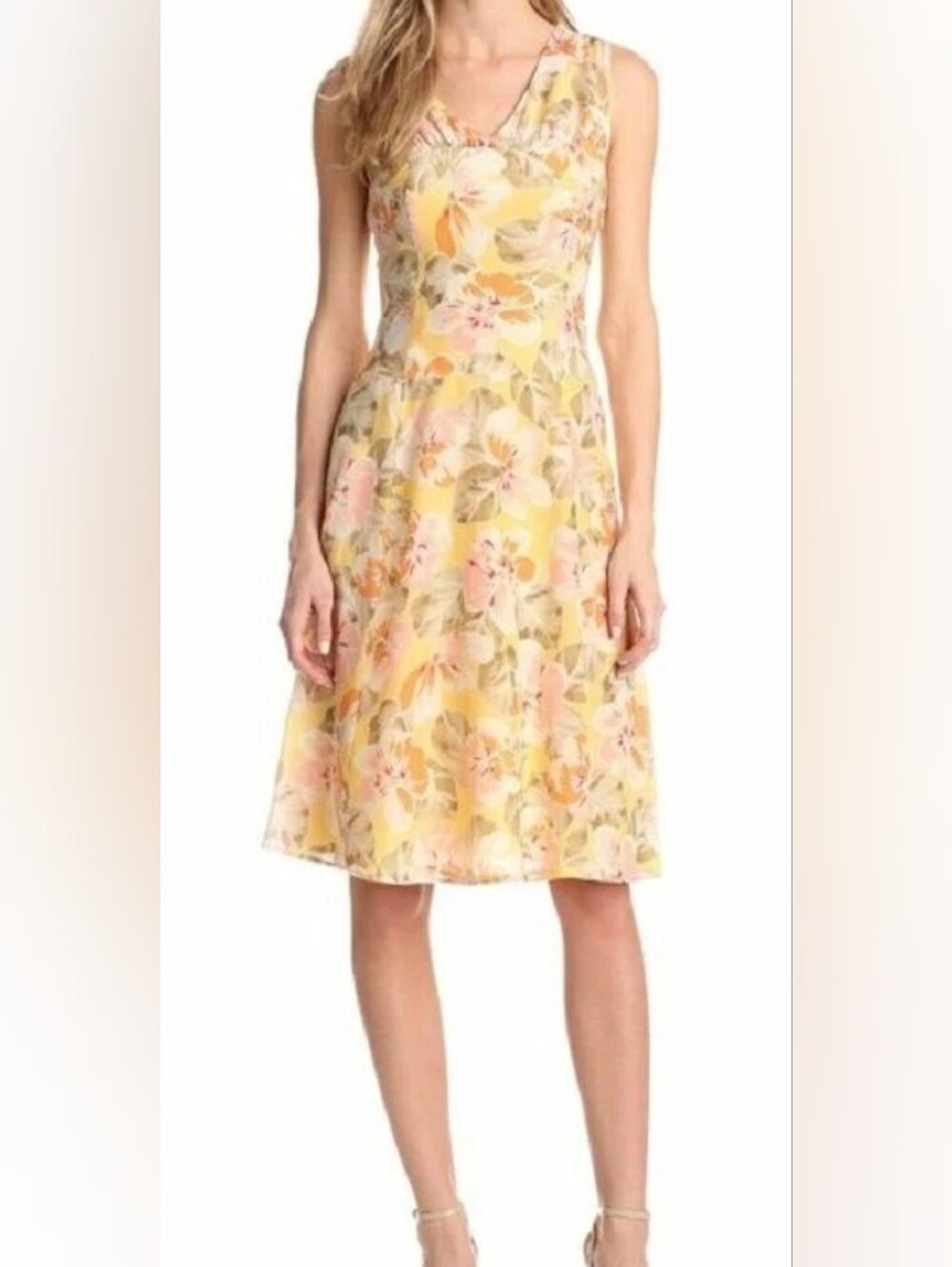 Pendleton Silk & Cotton Blend Yellow Floral V-Neck Sleeveless Midi Dress